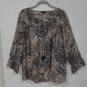Zac & Rachel Womens Navy & Orange Floral Boho Ruffled Peasant Blouse Size XL